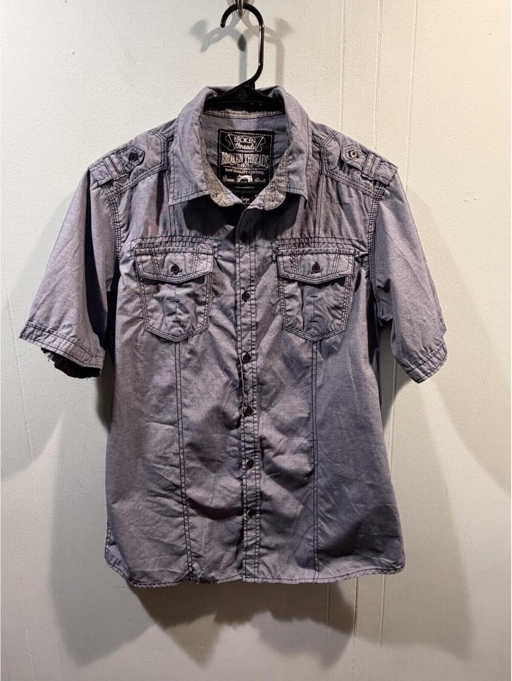 Mens Broken Thread Dress Shirt Short Sleeves Size Large Blue